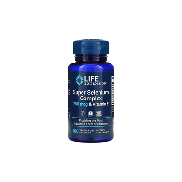 Life Extension Super Selenium Complex & Vitamin E provides antioxidant and immune support in a blue bottle with 100 vegetarian, non-GMO capsules.